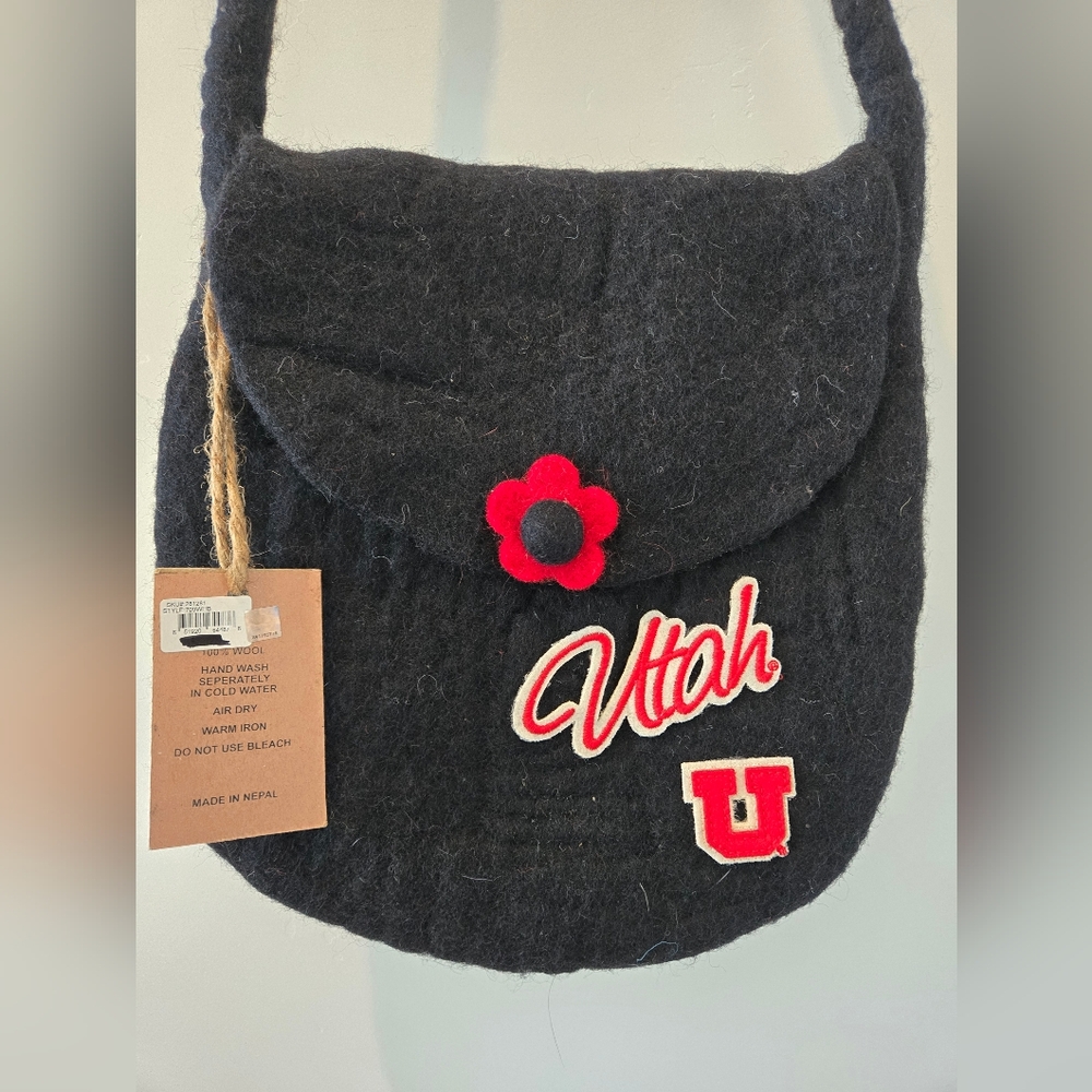 University Of Utah Black Wool Shoulder Bag with Red Accents